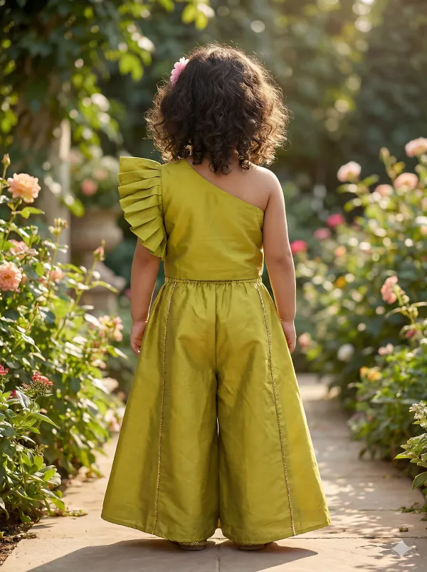 Olive_Green_Premiumpremium_Soft_Silk_&_Cotton_Lining_One-Shoulder_Mirror_Embroidered_Crop_Top_With_Gold_Foil_Detailing_&_Palazzo_Set_For_Kids