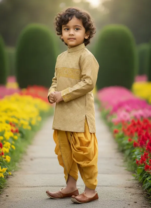 Yellow_&_Mustard_Yellow_Premiumbanarasi_Silk_&_Cotton_Silk_Banarasi_Brocade_Hand_Embroidered_Sherwani_With_Dhoti_For_Kids