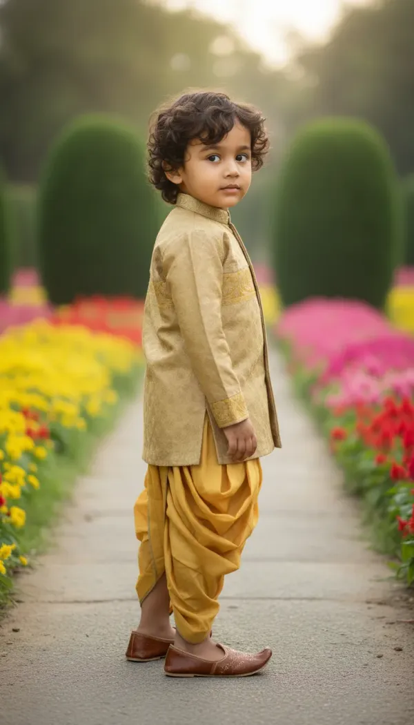 Yellow_&_Mustard_Yellow_Premiumbanarasi_Silk_&_Cotton_Silk_Banarasi_Brocade_Hand_Embroidered_Sherwani_With_Dhoti_For_Kids