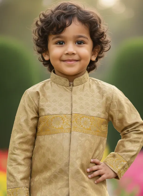Yellow_&_Mustard_Yellow_Premiumbanarasi_Silk_&_Cotton_Silk_Banarasi_Brocade_Hand_Embroidered_Sherwani_With_Dhoti_For_Kids