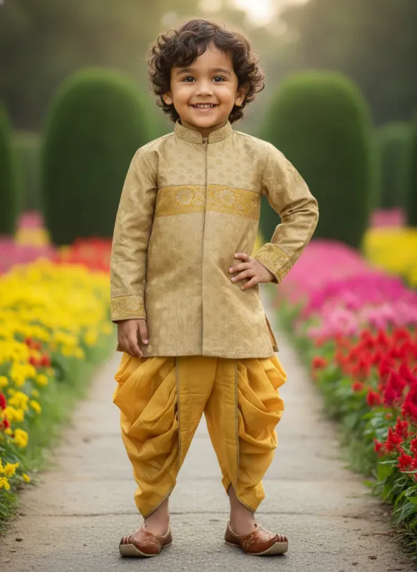 Yellow_&_Mustard_Yellow_Premiumbanarasi_Silk_&_Cotton_Silk_Banarasi_Brocade_Hand_Embroidered_Sherwani_With_Dhoti_For_Kids