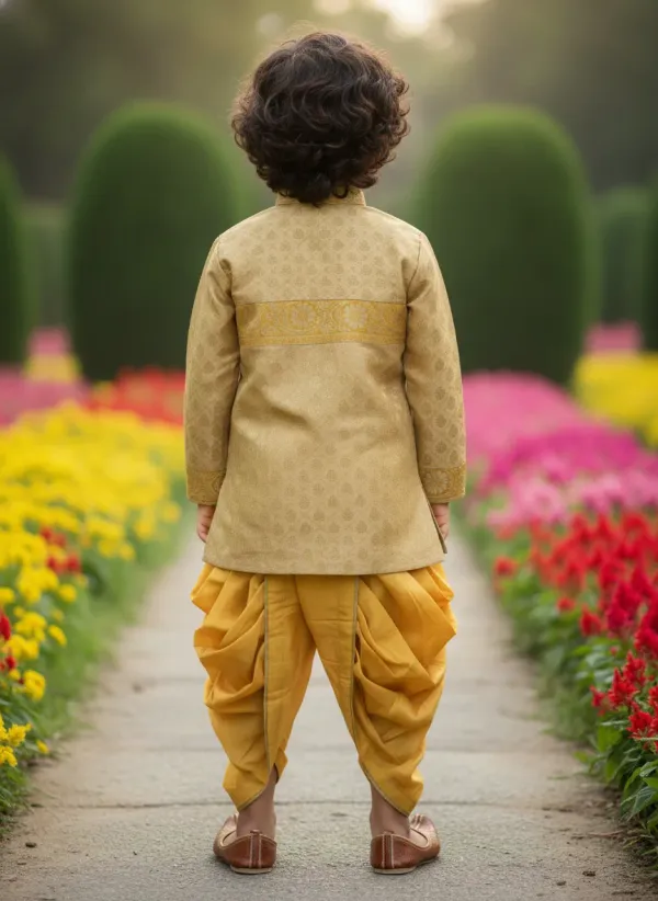 Yellow_&_Mustard_Yellow_Premiumbanarasi_Silk_&_Cotton_Silk_Banarasi_Brocade_Hand_Embroidered_Sherwani_With_Dhoti_For_Kids