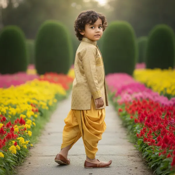 Yellow_&_Mustard_Yellow_Premiumbanarasi_Silk_&_Cotton_Silk_Banarasi_Brocade_Hand_Embroidered_Sherwani_With_Dhoti_For_Kids