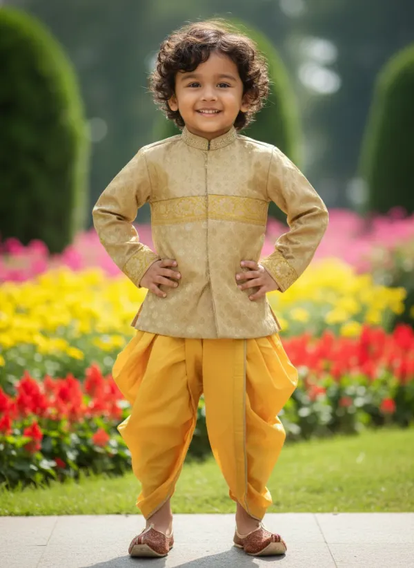 Yellow_&_Mustard_Yellow_Premiumbanarasi_Silk_&_Cotton_Silk_Banarasi_Brocade_Hand_Embroidered_Sherwani_With_Dhoti_For_Kids