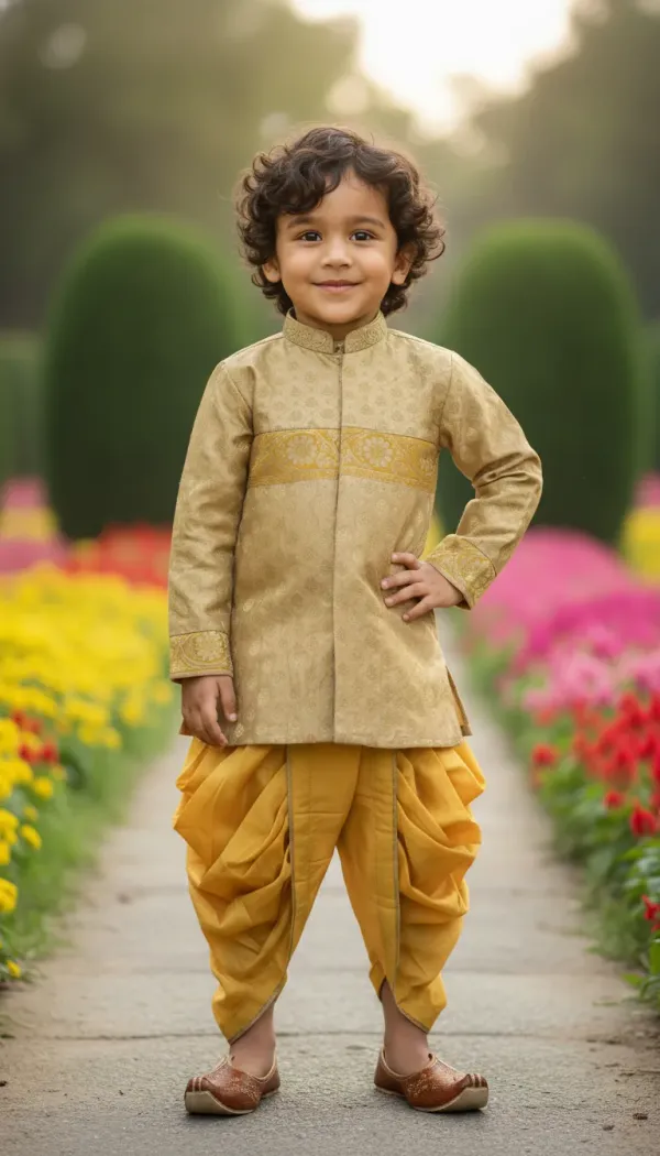 Yellow_&_Mustard_Yellow_Premiumbanarasi_Silk_&_Cotton_Silk_Banarasi_Brocade_Hand_Embroidered_Sherwani_With_Dhoti_For_Kids