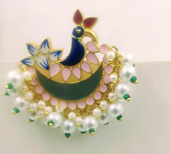 Gold_Toned_Contemporary_Pearl_Beaded,_Pink_And_Blue_Enamel_Peacock_Design_Chandbali_Earrings