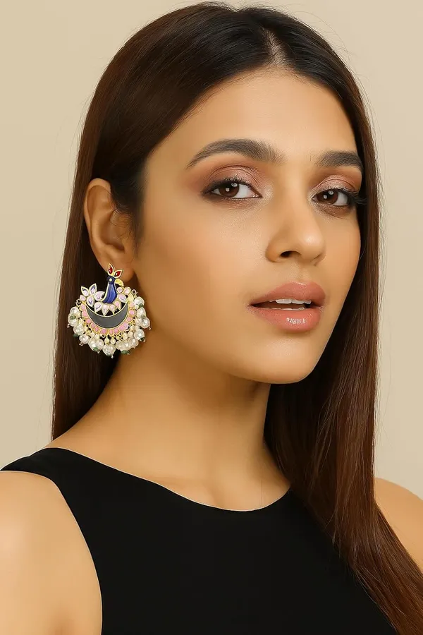 Gold_Toned_Contemporary_Pearl_Beaded,_Pink_And_Blue_Enamel_Peacock_Design_Chandbali_Earrings