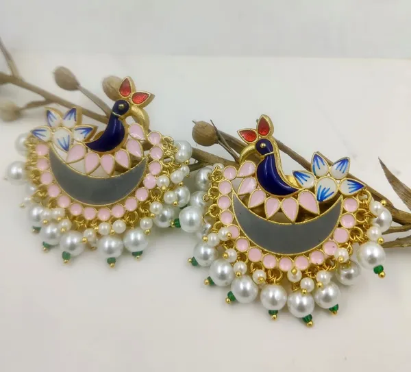 Gold_Toned_Contemporary_Pearl_Beaded,_Pink_And_Blue_Enamel_Peacock_Design_Chandbali_Earrings