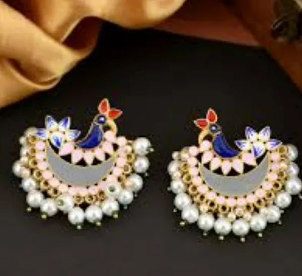 Gold_Toned_Contemporary_Pearl_Beaded,_Pink_And_Blue_Enamel_Peacock_Design_Chandbali_Earrings