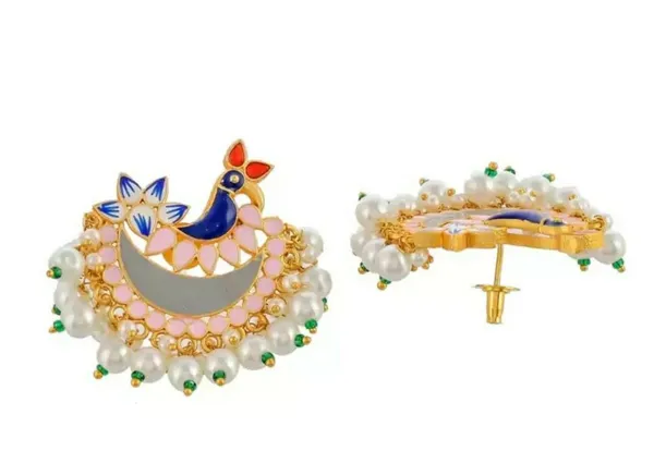 Gold_Toned_Contemporary_Pearl_Beaded,_Pink_And_Blue_Enamel_Peacock_Design_Chandbali_Earrings