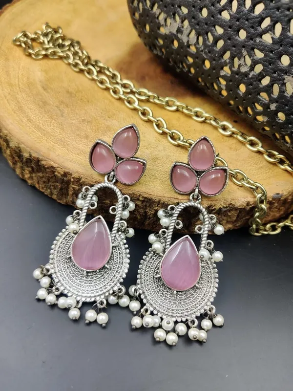 Pink_Handcrafted_Silver_Look,_Lightweight_Jhumka_Earrings_With_Stone_&_Beads