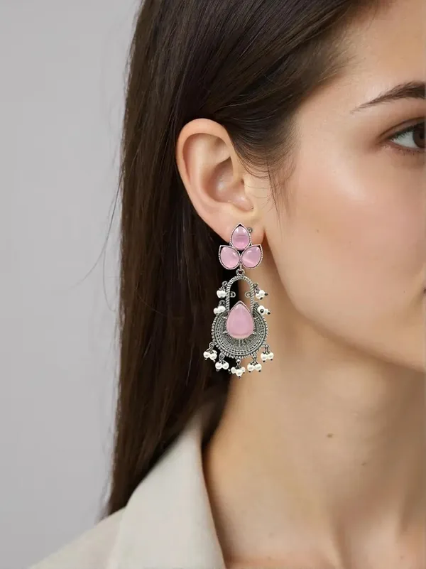 Pink_Handcrafted_Silver_Look,_Lightweight_Jhumka_Earrings_With_Stone_&_Beads