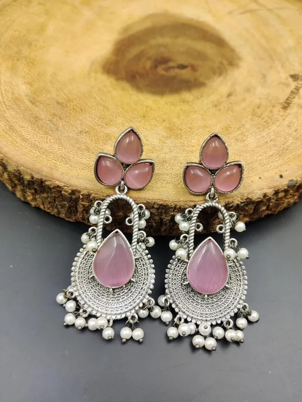 Pink_Handcrafted_Silver_Look,_Lightweight_Jhumka_Earrings_With_Stone_&_Beads