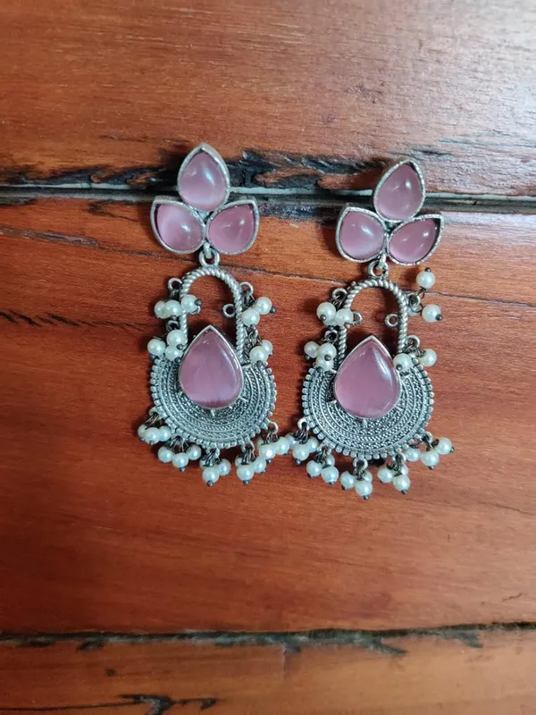 Pink_Handcrafted_Silver_Look,_Lightweight_Jhumka_Earrings_With_Stone_&_Beads