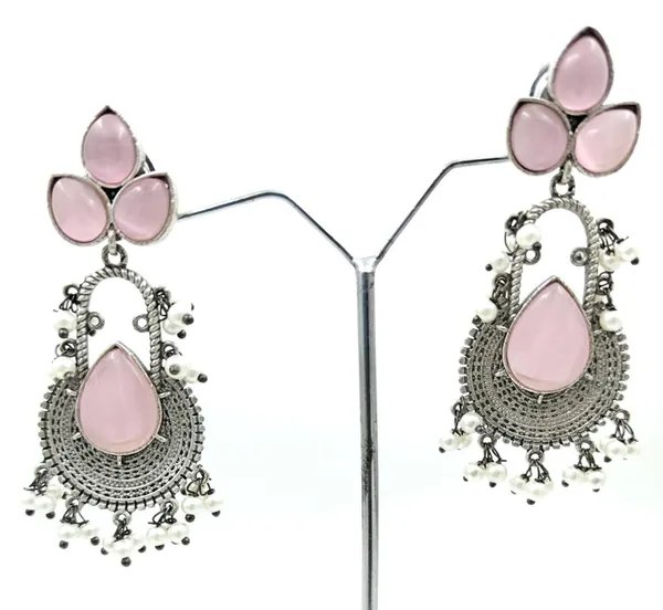 Pink_Handcrafted_Silver_Look,_Lightweight_Jhumka_Earrings_With_Stone_&_Beads