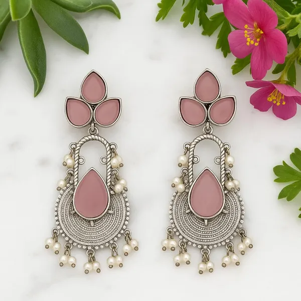 Pink_Handcrafted_Silver_Look,_Lightweight_Jhumka_Earrings_With_Stone_&_Beads