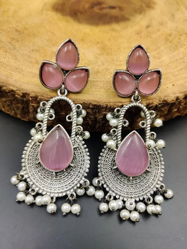 Pink_Handcrafted_Silver_Look,_Lightweight_Jhumka_Earrings_With_Stone_&_Beads