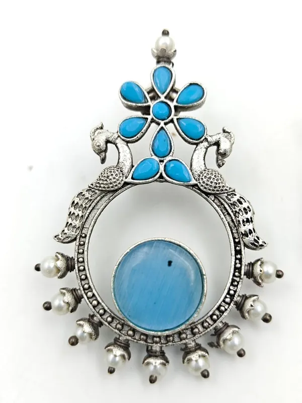 Peacock_Traditional_Silver-Toned_Earrings_With_Blue_Stone_And_Pearl