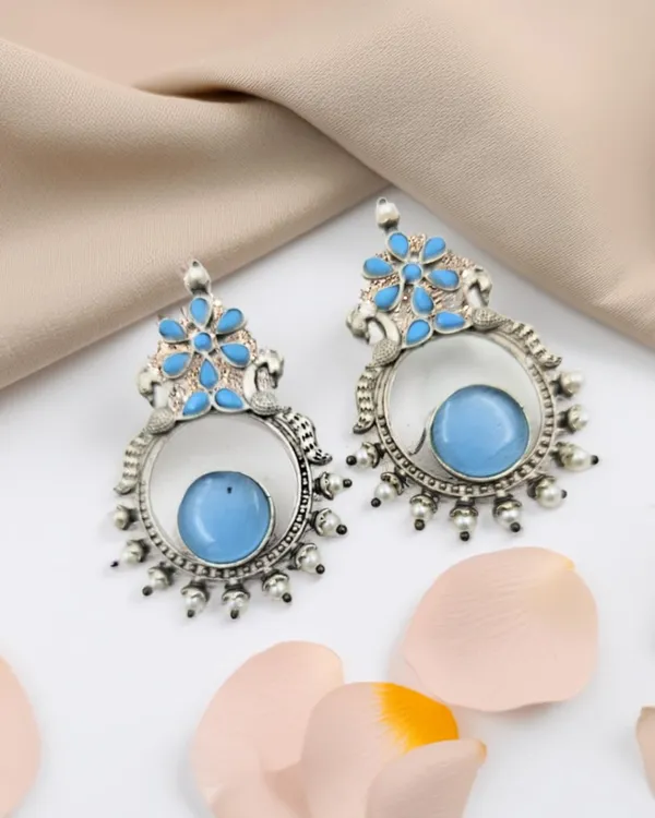 Peacock_Traditional_Silver-Toned_Earrings_With_Blue_Stone_And_Pearl