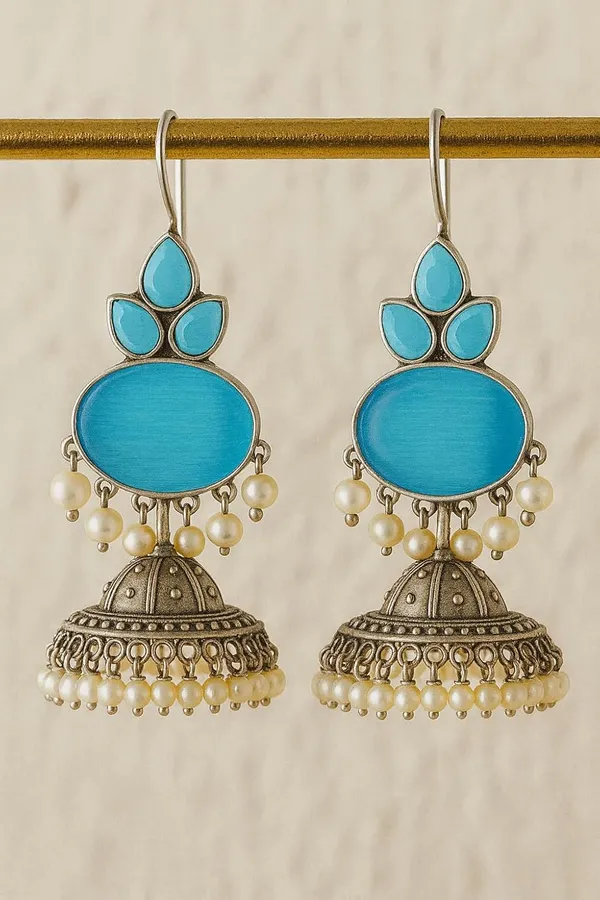 Blue_Traditional_Silver_Replica_Jhumki_Earrings_With_Stone_And_Pearl_Drops