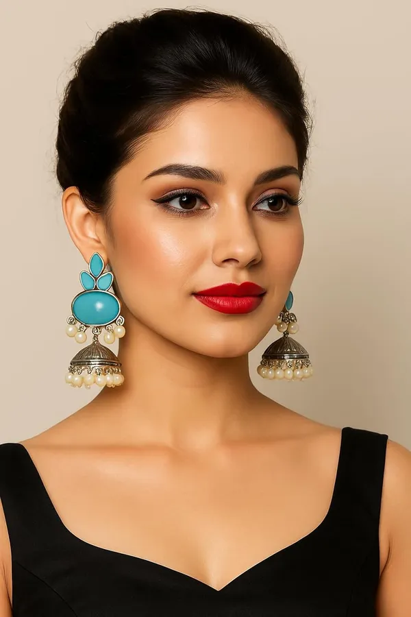 Blue_Traditional_Silver_Replica_Jhumki_Earrings_With_Stone_And_Pearl_Drops