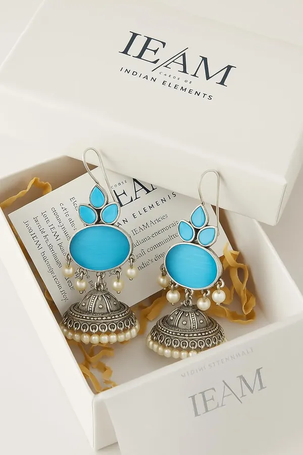 Blue_Traditional_Silver_Replica_Jhumki_Earrings_With_Stone_And_Pearl_Drops