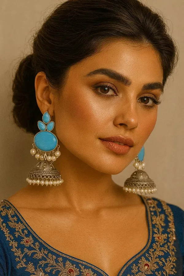 Blue_Traditional_Silver_Replica_Jhumki_Earrings_With_Stone_And_Pearl_Drops