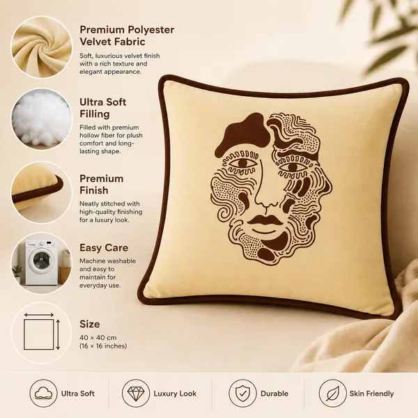 PEQURA_Premium_Polyester_Velvet_Abstract_Face_Cushion_Covers_|_Cream_&_Brown_|_16_x_16_Inches_(40_x_40_cm)_|_Modern_Artistic_Decorative_Throw_Pillow_Covers_for_Sofa,_Living_Room_&_Bedroom_|_Pack_of_2