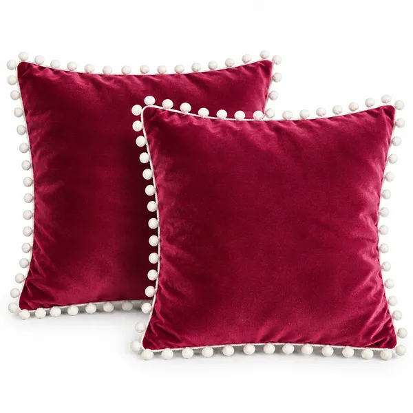 PEQURA_Velvet_Cushion_Covers_for_Sofa_with_White_Pom_Pom_Border,_Decorative_Cushion_Covers,_16_x_16_Inches,_Pack_of_2