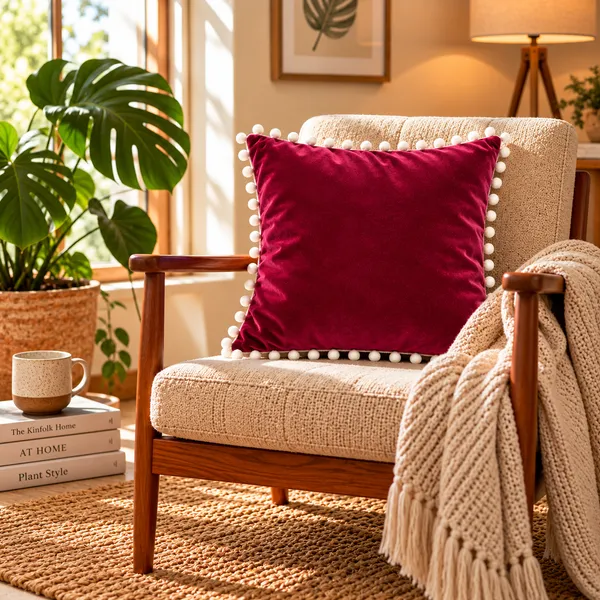 PEQURA_Velvet_Cushion_Covers_for_Sofa_with_White_Pom_Pom_Border,_Decorative_Cushion_Covers,_16_x_16_Inches,_Pack_of_2