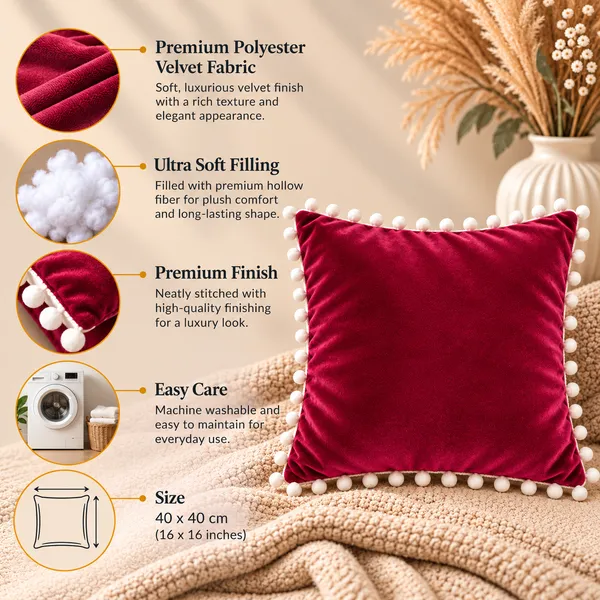 PEQURA_Velvet_Cushion_Covers_for_Sofa_with_White_Pom_Pom_Border,_Decorative_Cushion_Covers,_16_x_16_Inches,_Pack_of_2