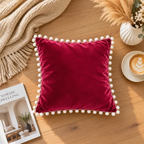 PEQURA_Velvet_Cushion_Covers_for_Sofa_with_White_Pom_Pom_Border,_Decorative_Cushion_Covers,_16_x_16_Inches,_Pack_of_2