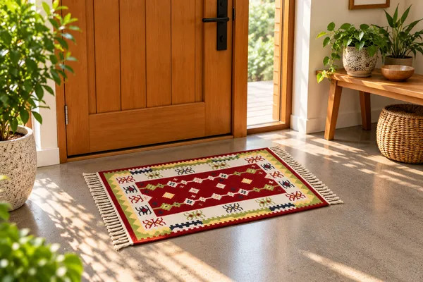 Premium_Multicolour_Traditional_Area_Rug,_Red_Geometric_Pattern_Small_Carpet_with_Decorative_Fringes,_Stylish_Rectangular_Floor_Rug_for_Pooja_Room,_Living_Room,_Bedroom_and_Home_Decor,_90_x_63_cm