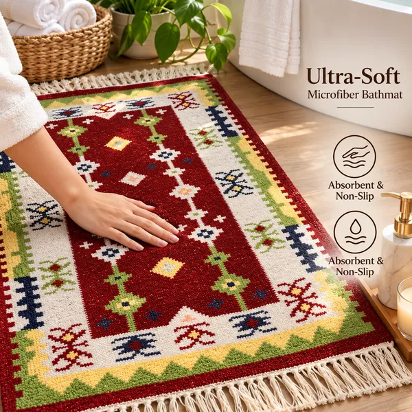 Premium_Multicolour_Traditional_Area_Rug,_Red_Geometric_Pattern_Small_Carpet_with_Decorative_Fringes,_Stylish_Rectangular_Floor_Rug_for_Pooja_Room,_Living_Room,_Bedroom_and_Home_Decor,_90_x_63_cm