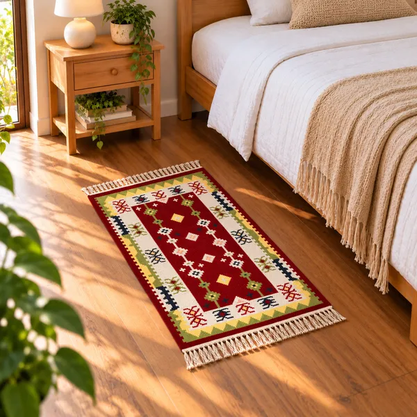 Premium_Multicolour_Traditional_Area_Rug,_Red_Geometric_Pattern_Small_Carpet_with_Decorative_Fringes,_Stylish_Rectangular_Floor_Rug_for_Pooja_Room,_Living_Room,_Bedroom_and_Home_Decor,_90_x_63_cm