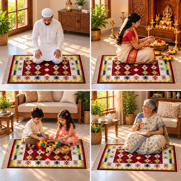 Premium_Multicolour_Traditional_Area_Rug,_Red_Geometric_Pattern_Small_Carpet_with_Decorative_Fringes,_Stylish_Rectangular_Floor_Rug_for_Pooja_Room,_Living_Room,_Bedroom_and_Home_Decor,_90_x_63_cm