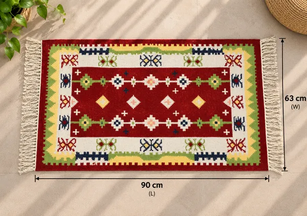 Premium_Multicolour_Traditional_Area_Rug,_Red_Geometric_Pattern_Small_Carpet_with_Decorative_Fringes,_Stylish_Rectangular_Floor_Rug_for_Pooja_Room,_Living_Room,_Bedroom_and_Home_Decor,_90_x_63_cm
