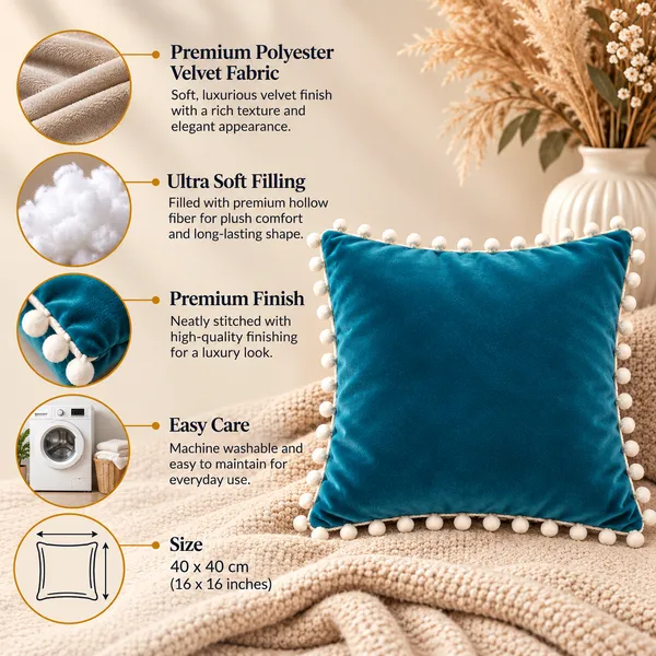 PEQURA_Velvet_Cushion_Covers_for_Sofa_with_White_Pom_Pom_Border,_Decorative_Cushion_Covers,_16_x_16_Inches,_Pack_of_5