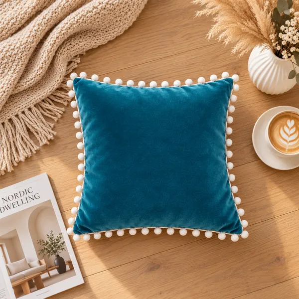 PEQURA_Velvet_Cushion_Covers_for_Sofa_with_White_Pom_Pom_Border,_Decorative_Cushion_Covers,_16_x_16_Inches,_Pack_of_5