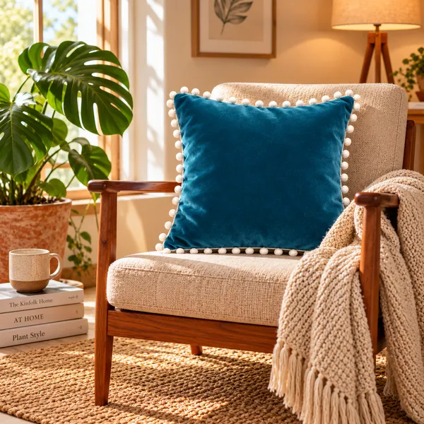 PEQURA_Velvet_Cushion_Covers_for_Sofa_with_White_Pom_Pom_Border,_Decorative_Cushion_Covers,_16_x_16_Inches,_Pack_of_5