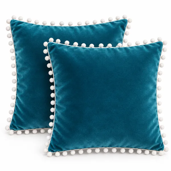 PEQURA_Velvet_Cushion_Covers_for_Sofa_with_White_Pom_Pom_Border,_Decorative_Cushion_Covers,_16_x_16_Inches,_Pack_of_5