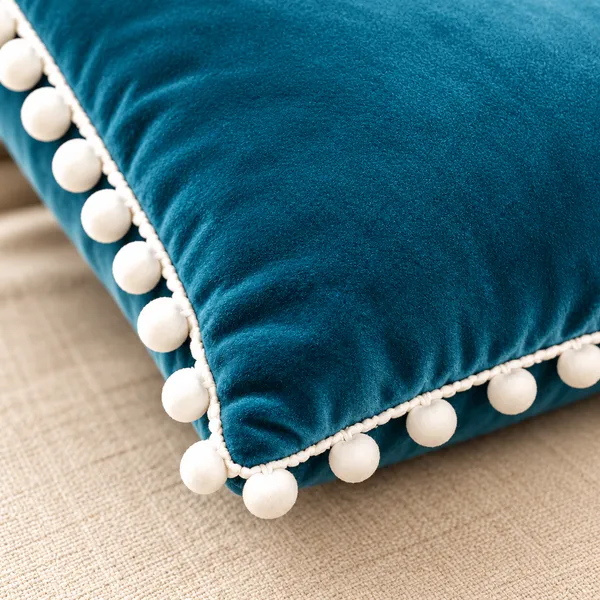 PEQURA_Velvet_Cushion_Covers_for_Sofa_with_White_Pom_Pom_Border,_Decorative_Cushion_Covers,_16_x_16_Inches,_Pack_of_5