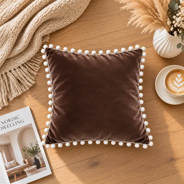 PEQURA_Velvet_Cushion_Covers_for_Sofa_with_White_Pom_Pom_Border,_Decorative_Cushion_Covers,_16_x_16_Inches,_Pack_of_5