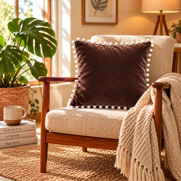 PEQURA_Velvet_Cushion_Covers_for_Sofa_with_White_Pom_Pom_Border,_Decorative_Cushion_Covers,_16_x_16_Inches,_Pack_of_5