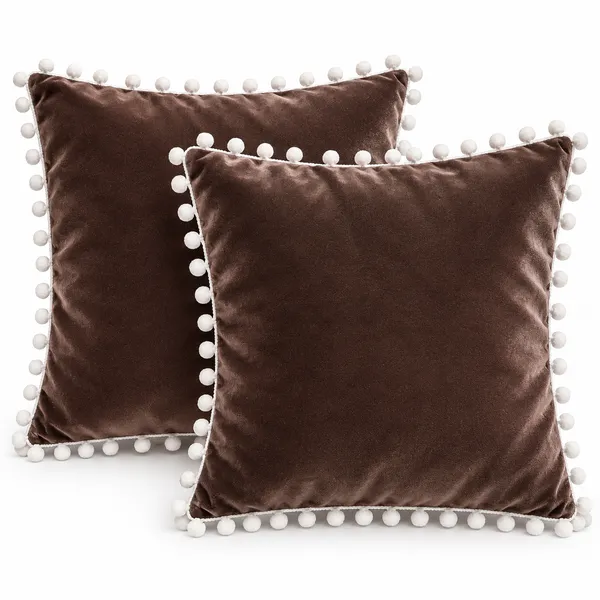 PEQURA_Velvet_Cushion_Covers_for_Sofa_with_White_Pom_Pom_Border,_Decorative_Cushion_Covers,_16_x_16_Inches,_Pack_of_5