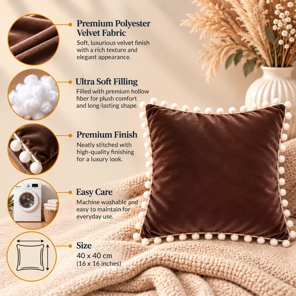 PEQURA_Velvet_Cushion_Covers_for_Sofa_with_White_Pom_Pom_Border,_Decorative_Cushion_Covers,_16_x_16_Inches,_Pack_of_5