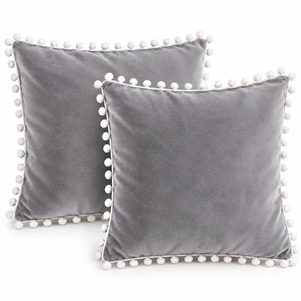 PEQURA_Velvet_Cushion_Covers_for_Sofa_with_White_Pom_Pom_Border,_Decorative_Cushion_Covers,_16_x_16_Inches,_Pack_of_5