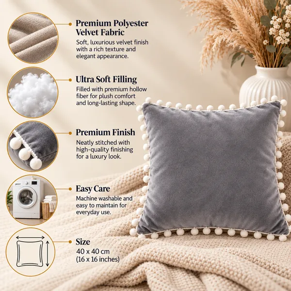 PEQURA_Velvet_Cushion_Covers_for_Sofa_with_White_Pom_Pom_Border,_Decorative_Cushion_Covers,_16_x_16_Inches,_Pack_of_5