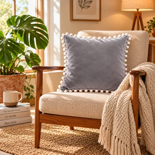 PEQURA_Velvet_Cushion_Covers_for_Sofa_with_White_Pom_Pom_Border,_Decorative_Cushion_Covers,_16_x_16_Inches,_Pack_of_5
