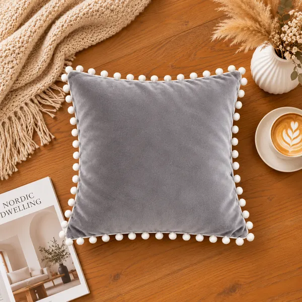 PEQURA_Velvet_Cushion_Covers_for_Sofa_with_White_Pom_Pom_Border,_Decorative_Cushion_Covers,_16_x_16_Inches,_Pack_of_5